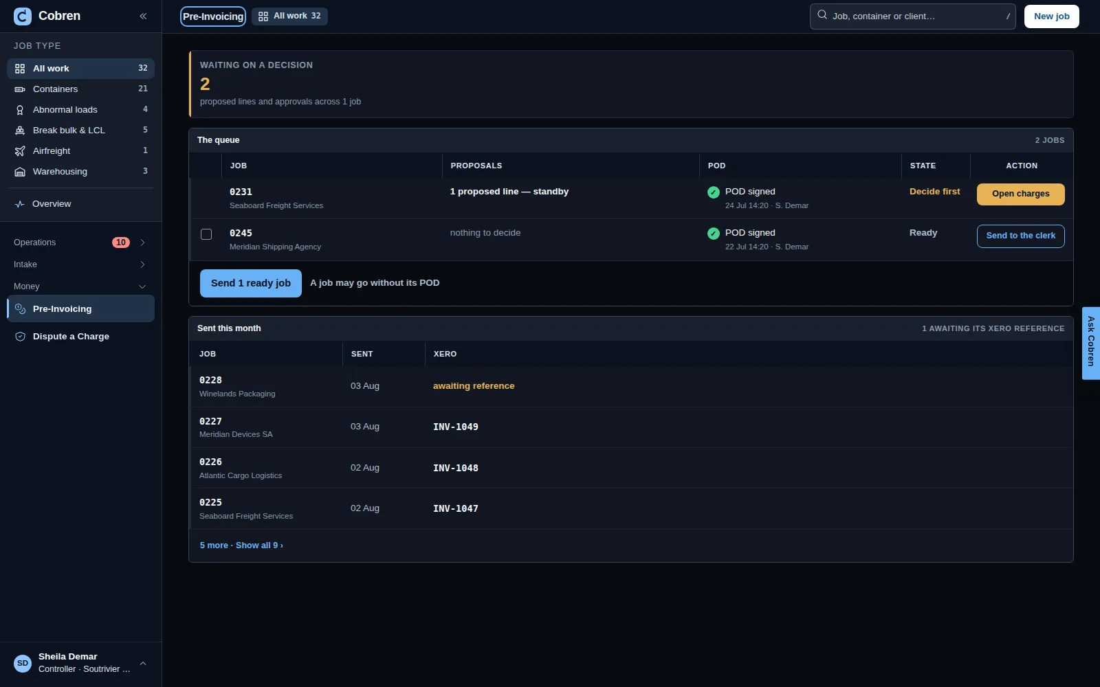 Pre-invoicing in Cobren, in dark mode: cards for ready to invoice, held back, waiting on a decision and sent this month, then one queue of the jobs ready to bill with client, amount, what is still to decide, whether the POD is signed, state and one action per row. Prototype screen showing invented data.