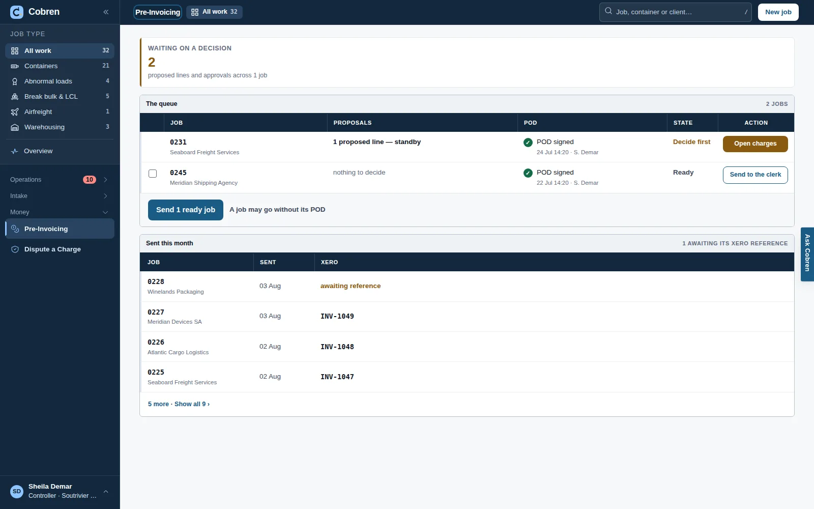 Pre-invoicing in Cobren: cards for ready to invoice, held back, waiting on a decision and sent this month, then one queue of the jobs ready to bill with client, amount, what is still to decide, whether the POD is signed, state and one action per row. Prototype screen showing invented data.