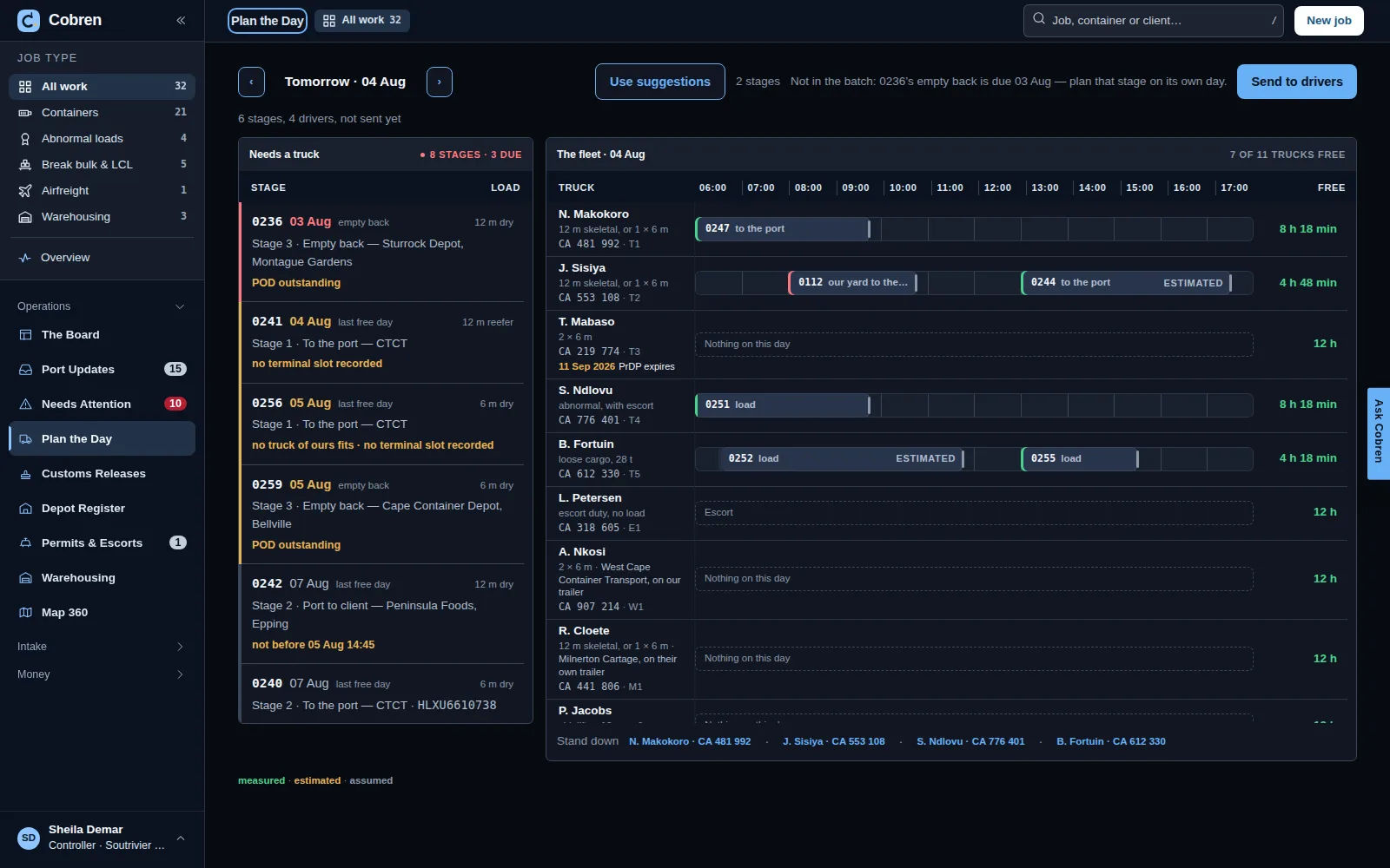 Plan the Day in Cobren, in dark mode: stages still needing a truck beside a per-driver timeline of the fleet, with assumed time windows marked as such. Prototype screen showing invented data.