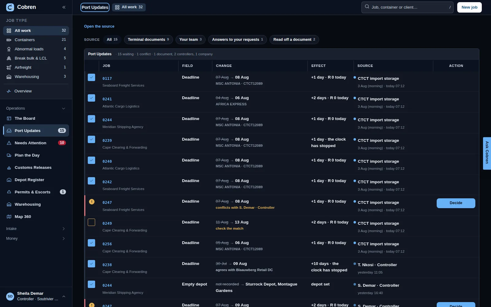 Port Updates in Cobren, in dark mode: sources to choose from — terminal documents, your team, answers to your requests, read off a document — then one list of proposed changes, each with its job and client, the field, the old date struck through beside the new one, what it does to the deadline, where it came from, a tick to accept it, and a Decide button where two sources disagree. Prototype screen showing invented data.