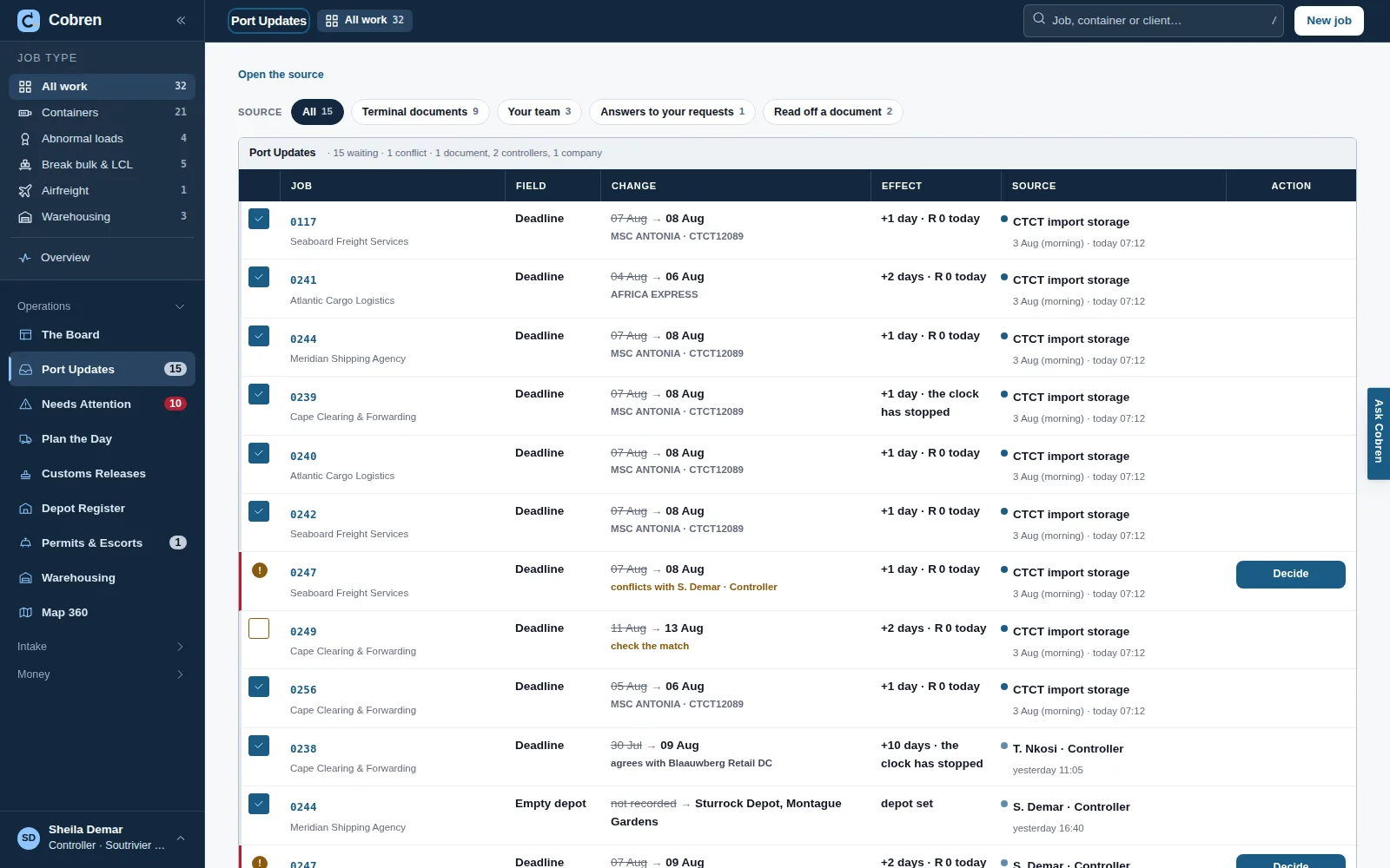 Port Updates in Cobren: sources to choose from — terminal documents, your team, answers to your requests, read off a document — then one list of proposed changes, each with its job and client, the field, the old date struck through beside the new one, what it does to the deadline, where it came from, a tick to accept it, and a Decide button where two sources disagree. Prototype screen showing invented data.